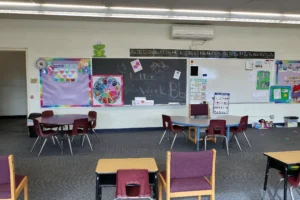 Front wall of a Hand in Hand ABA classroom with visual learning displays